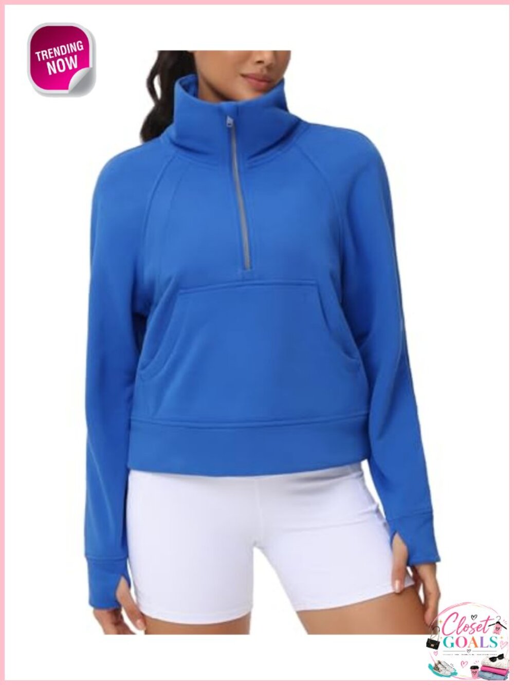 Womens Half Zip Fleece Crop Sweatshirt Kangaroo Pocket Thumb Holes
